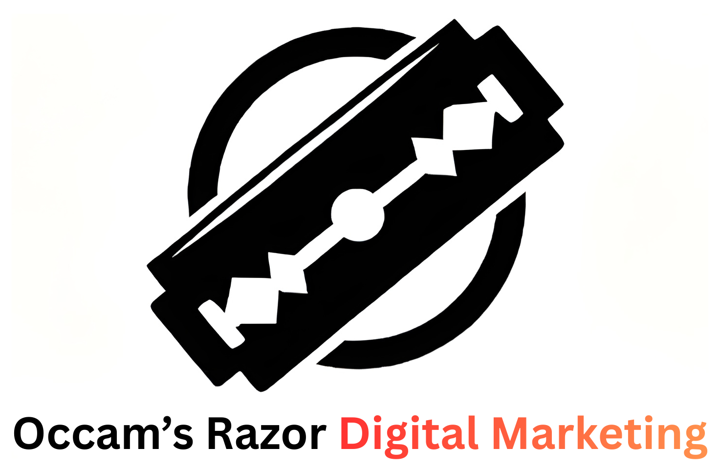 A razor blade cutting through a circuit with the word Occam's Razor Digital Marketing, Cut Through Complexity.