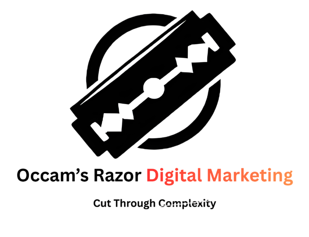 A razor blade cutting through a circuit with the word Occam's Razor Digital Marketing, Cut Through Complexity.