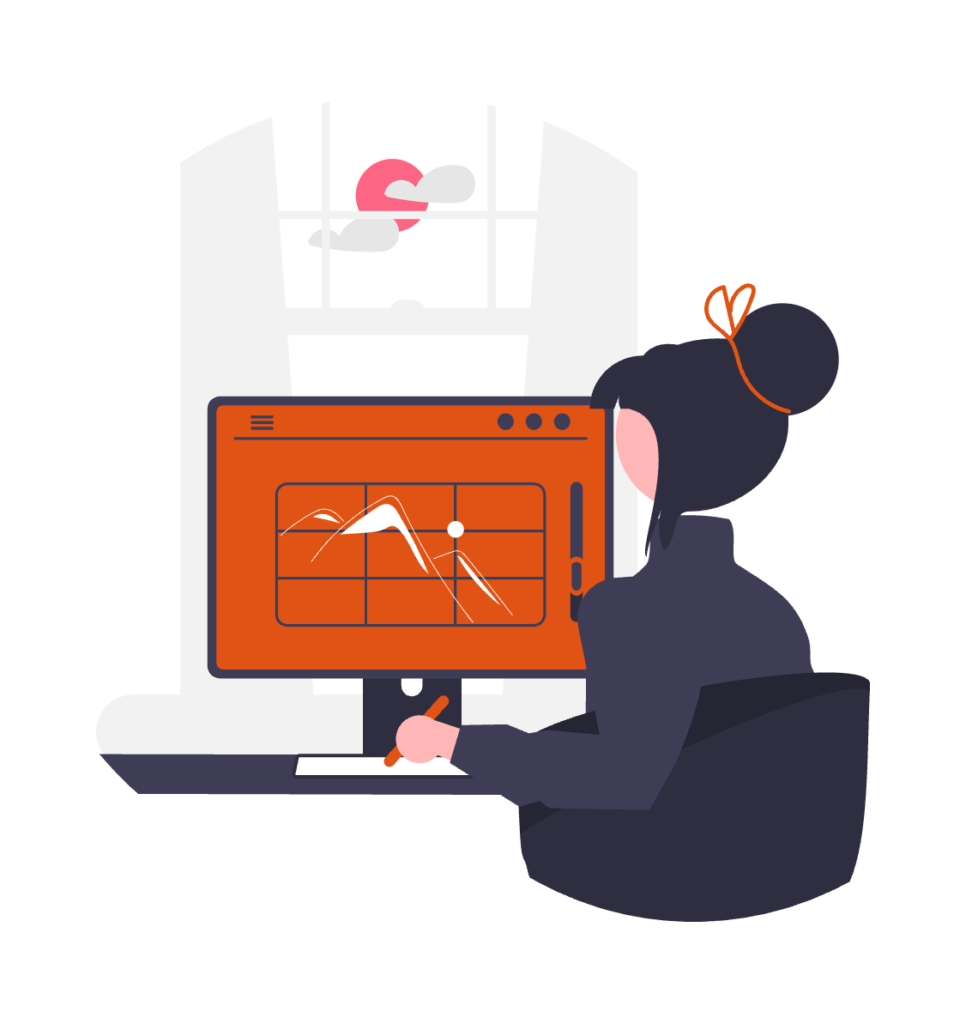 Orange, black and white illustration of a web designer working on a website.