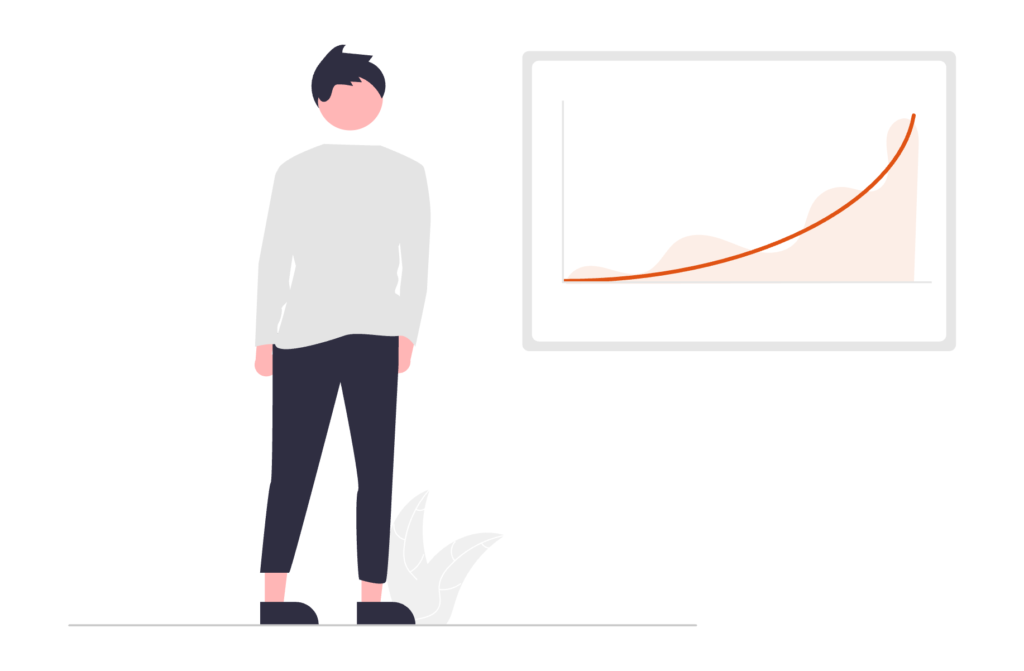 An illustration of a growth curve in orange, grays and black colors with a person standing next to a graph.