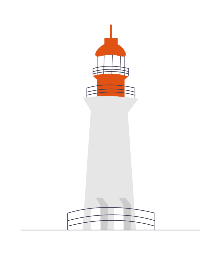 Simple lighthouse with orange accents.