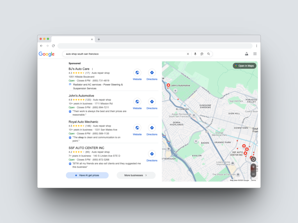 Local SEO San Francisco CA picture of a google map pac on a chrome tab.