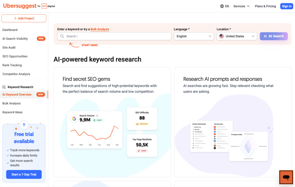 Ubersuggest home page.